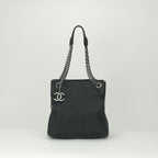 Chanel Quilted Tote Shoulder Bag Caviar Leather Black Silver Chain