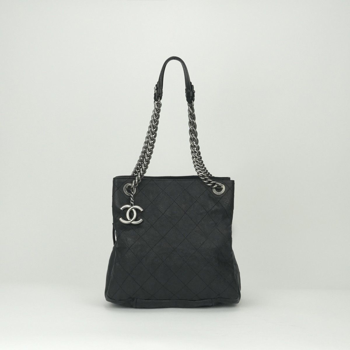 Chanel Quilted Tote Shoulder Bag Caviar Leather Black Silver Chain