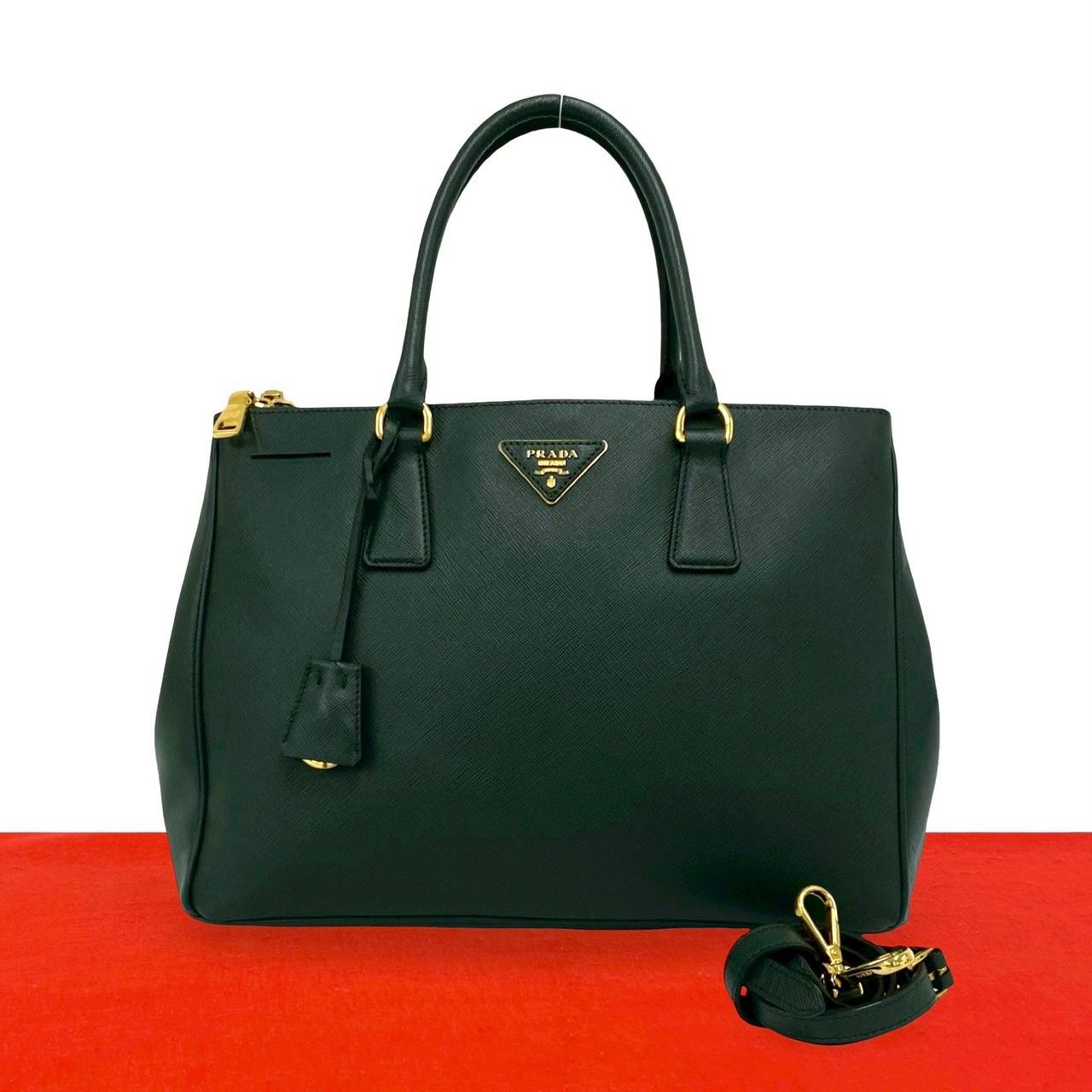 Prada Leather 2-Way Shoulder Bag Tote Green