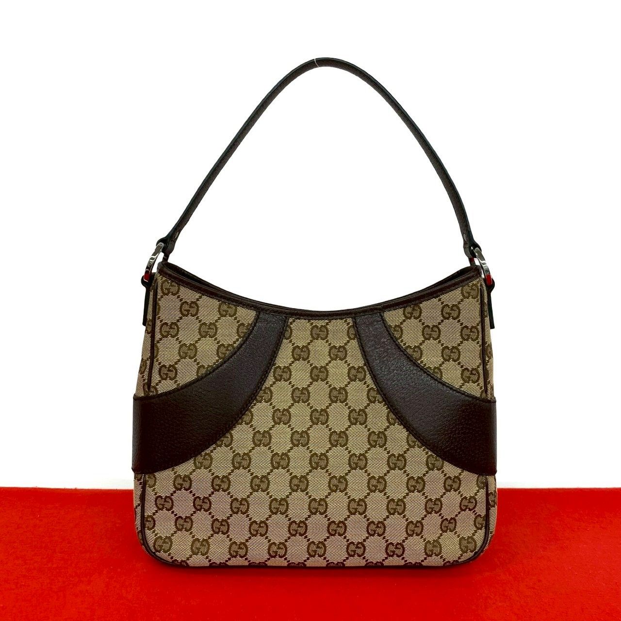 Gucci GG Pattern Canvas Leather Shoulder Bag Mini Tote Brown