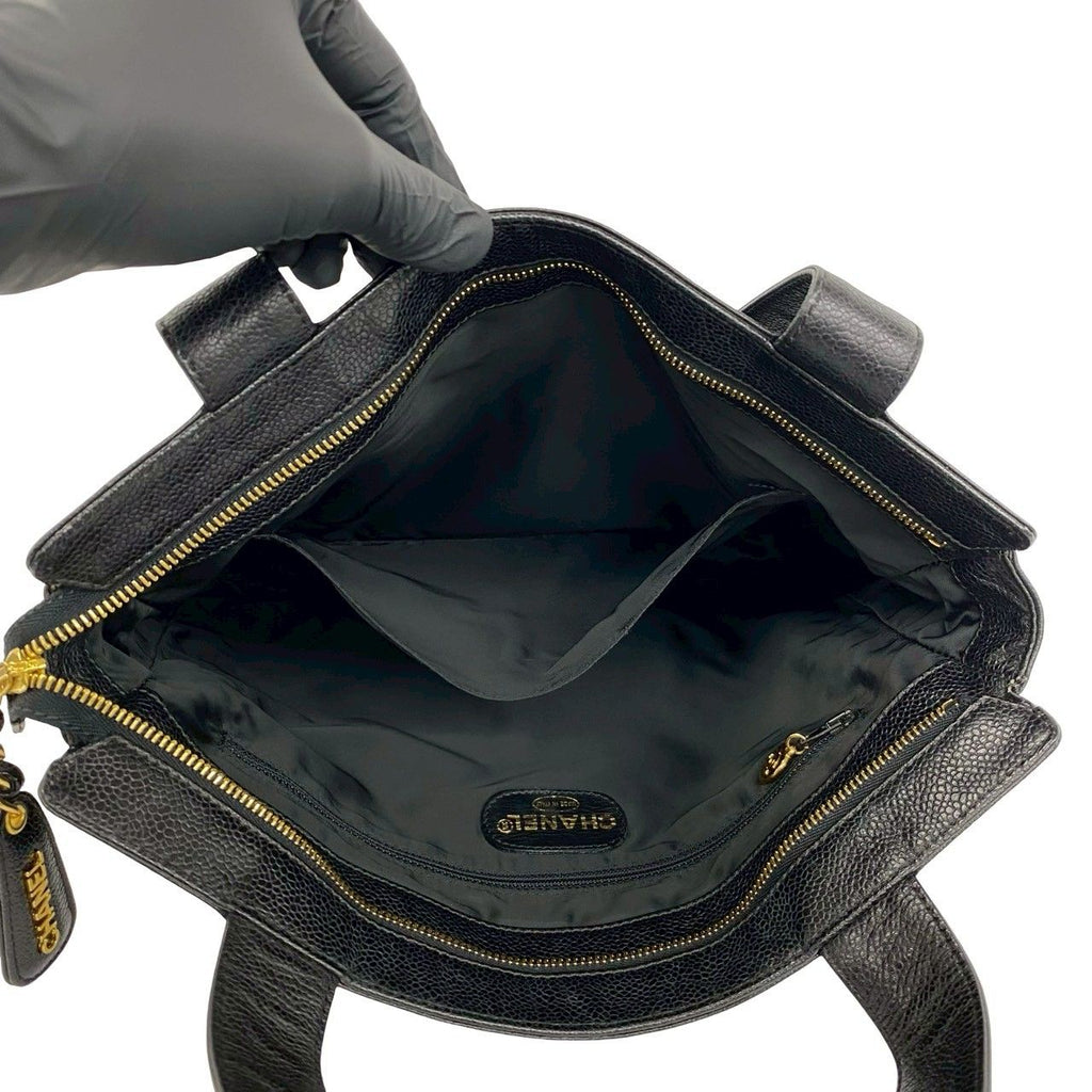 Chanel Logo Caviar Leather Tote Shoulder Bag Black — view 9