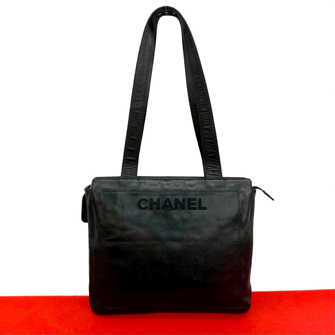 Chanel Logo Caviar Leather Tote Shoulder Bag Black