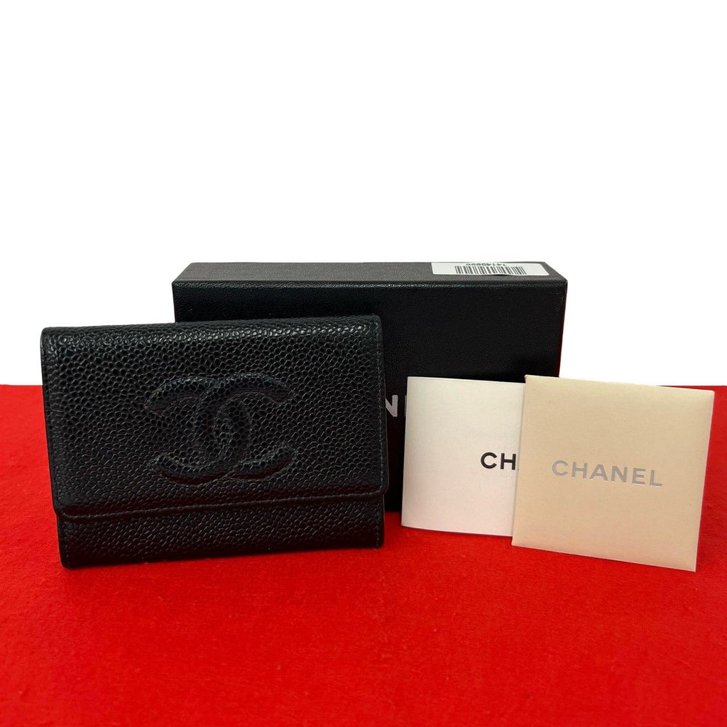 Chanel CC Logo Caviar Leather Card Case Business Holder Black