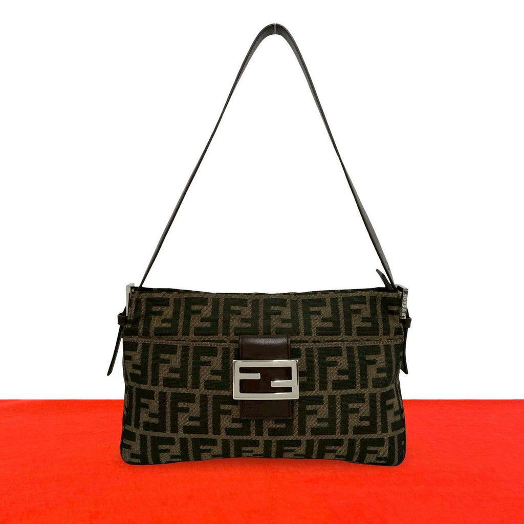 Fendi FF Logo Zucca Canvas Leather Shoulder Bag Brown