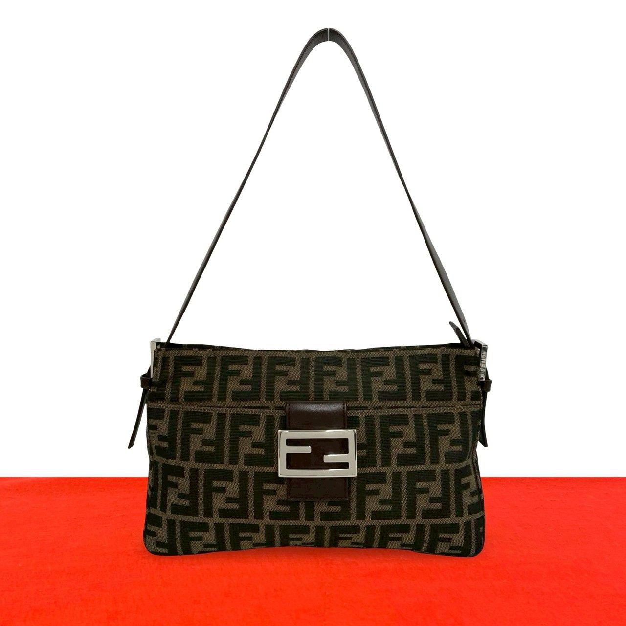 Fendi FF Logo Zucca Canvas Leather Shoulder Bag Brown
