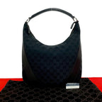 Gucci GG All Over Pattern Canvas Leather Shoulder Bag Tote Black