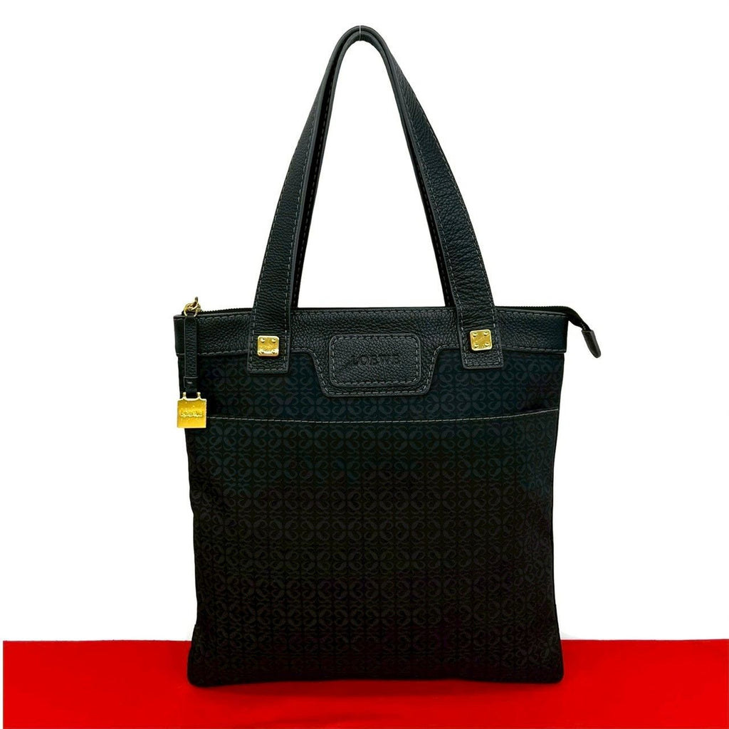 Loewe Anagram All Over Pattern Canvas Leather Tote Business Handbag Black