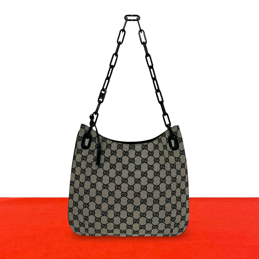 Gucci GG Logo Pattern Canvas Leather Chain Shoulder Bag Gray