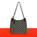 Gucci GG Logo Pattern Canvas Leather Chain Shoulder Bag Gray