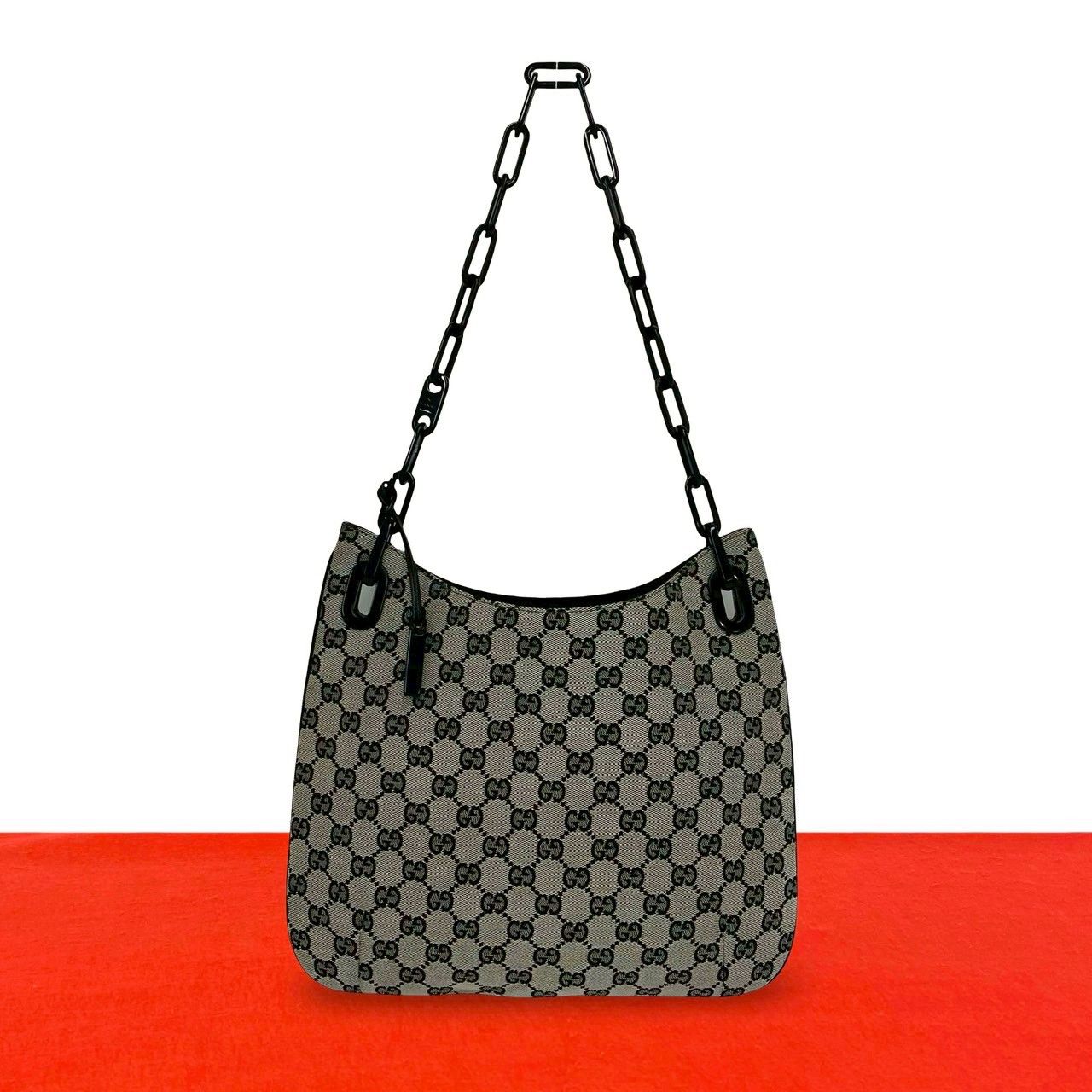 Gucci GG Logo Pattern Canvas Leather Chain Shoulder Bag Gray