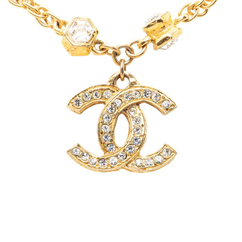 Chanel CC Logo Vintage Chain Pendant Gold Plated Rhinestone