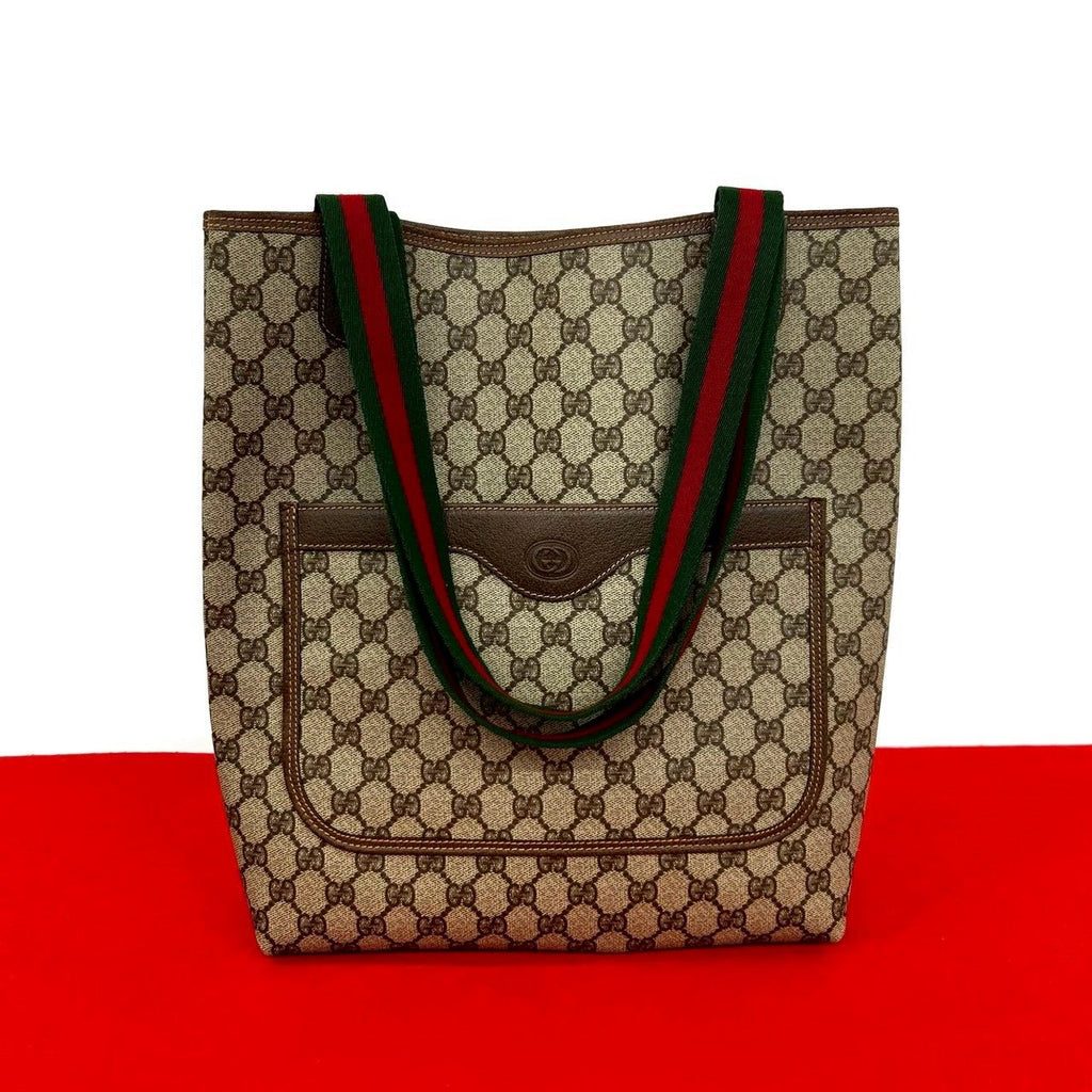 Gucci Vintage Sherry Line GG Logo Leather Tote Brown