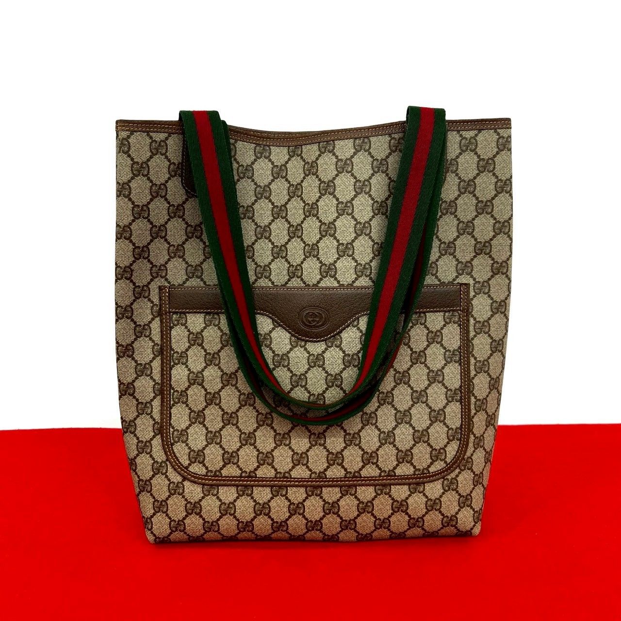 Gucci Vintage Sherry Line GG Logo Leather Tote Brown