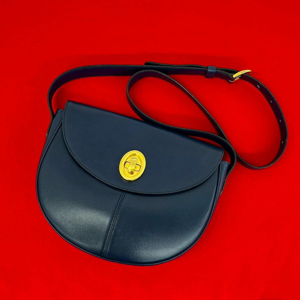 Dior Vintage CD Logo Leather Shoulder Bag Crossbody Navy