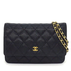 Chanel Shoulder Bag Quilted Classic Chain Wallet Black Caviar Leather Gold