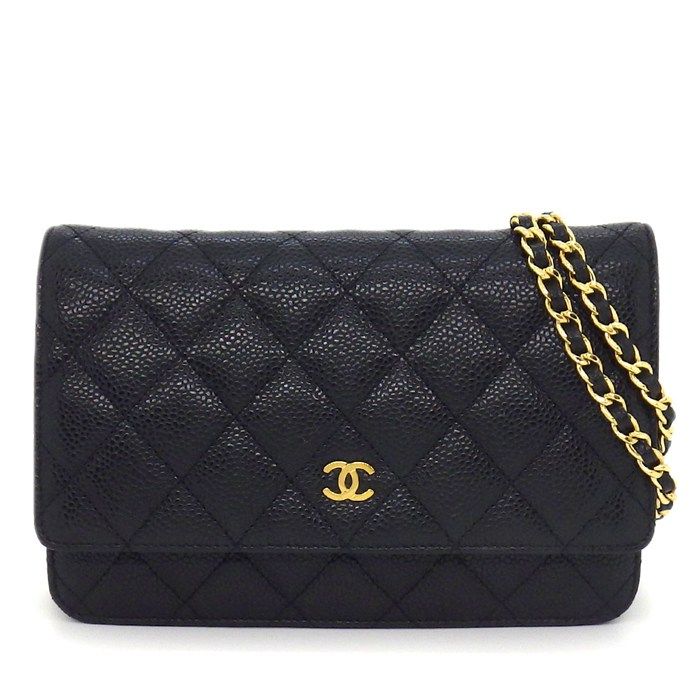Chanel Shoulder Bag Quilted Classic Chain Wallet Black Caviar Leather Gold