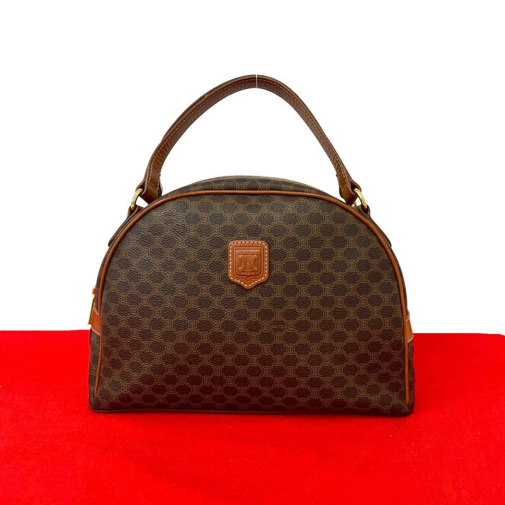 Celine Vintage Macadam Blason Triomphe Logo Leather Handbag Mini Tote Brown