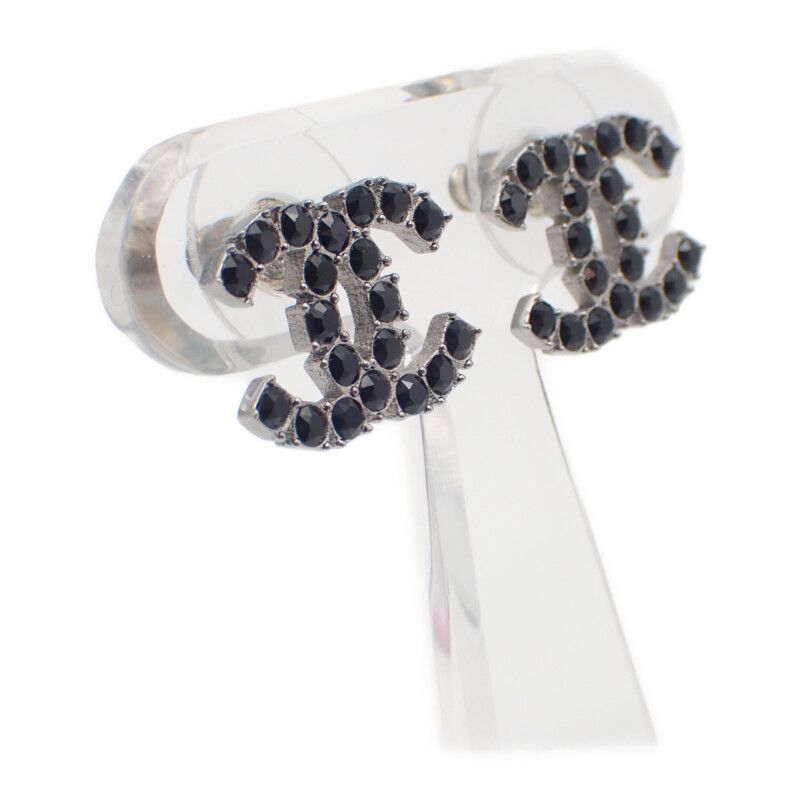 Chanel CC Logo Earrings 18 Metal Crystal Black Coco Silver Simple Rhinestone — view 2