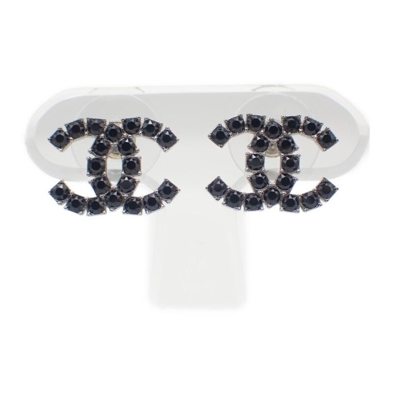 Chanel CC Logo Earrings 18 Metal Crystal Black Coco Silver Simple Rhinestone