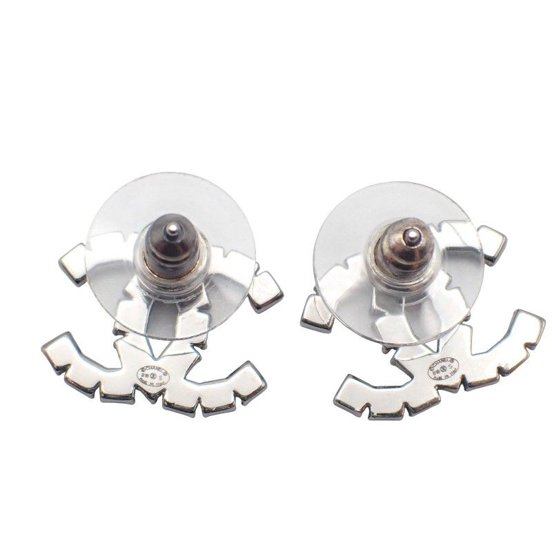 Chanel CC Logo Earrings 18 Metal Crystal Black Coco Silver Simple Rhinestone — view 8