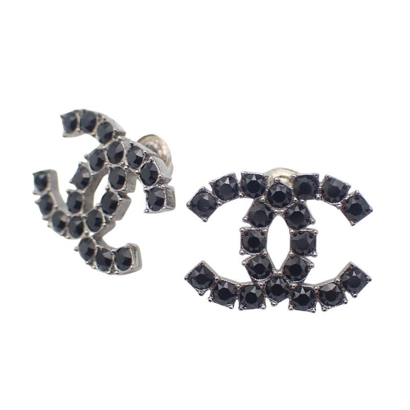 Chanel CC Logo Earrings 18 Metal Crystal Black Coco Silver Simple Rhinestone — view 5