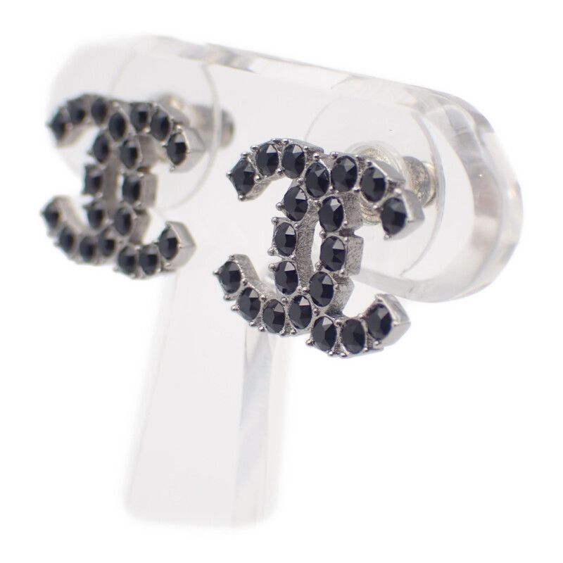 Chanel CC Logo Earrings 18 Metal Crystal Black Coco Silver Simple Rhinestone — view 3