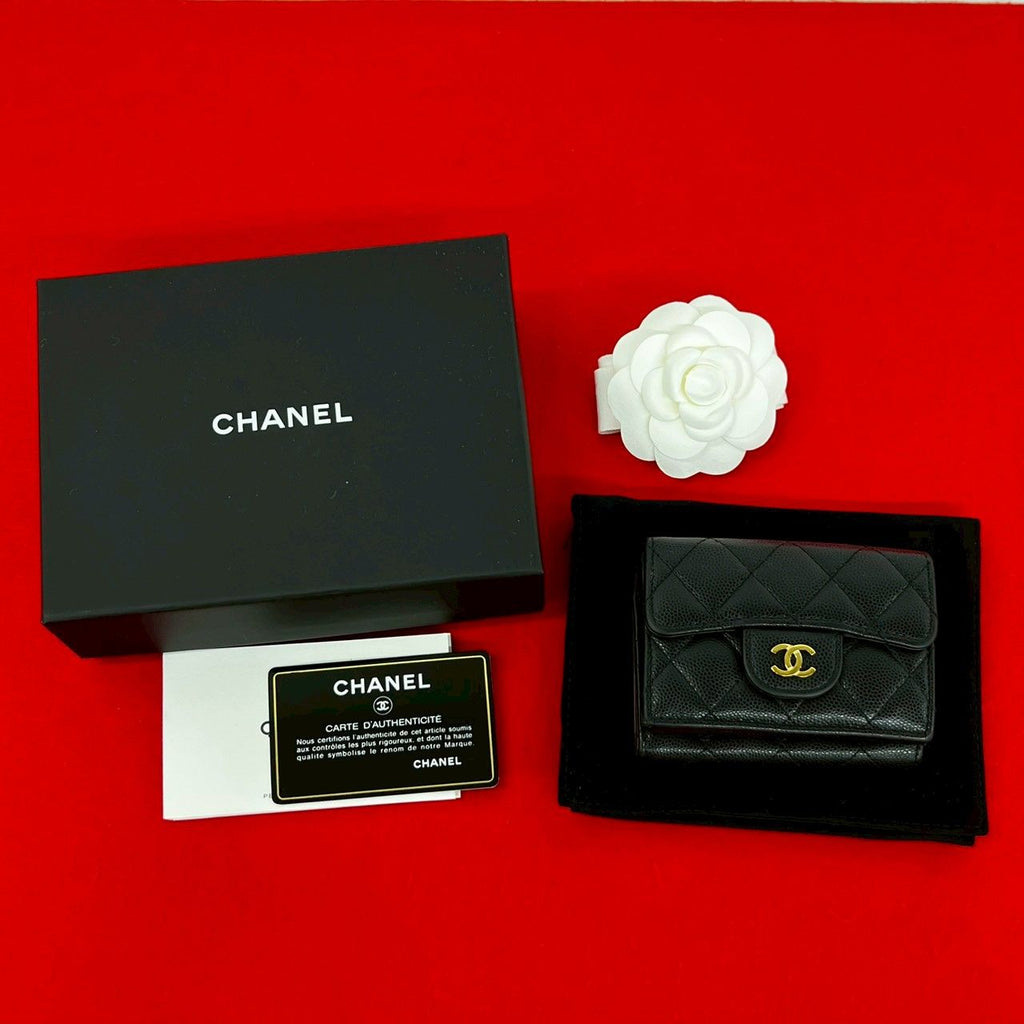 Chanel Box Card with Number 31 Quilted CC Logo Caviar Leather Trifold Wallet