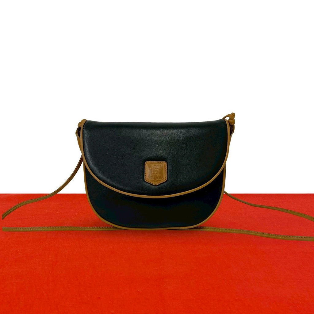 Celine Vintage Triomphe Logo Leather Shoulder Bag Crossbody Pochette Black Brown