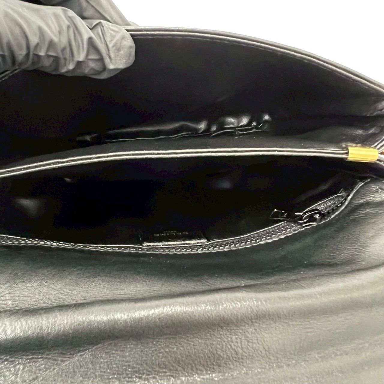 Celine Vintage Triomphe Logo Leather Shoulder Bag Crossbody Pochette Black Brown — view 9