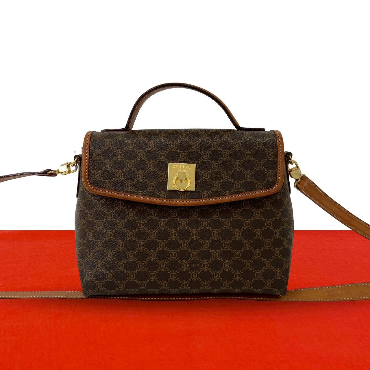 Celine Vintage Macadam Blason Triomphe Logo Ring Leather Mini Shoulder Bag Brown