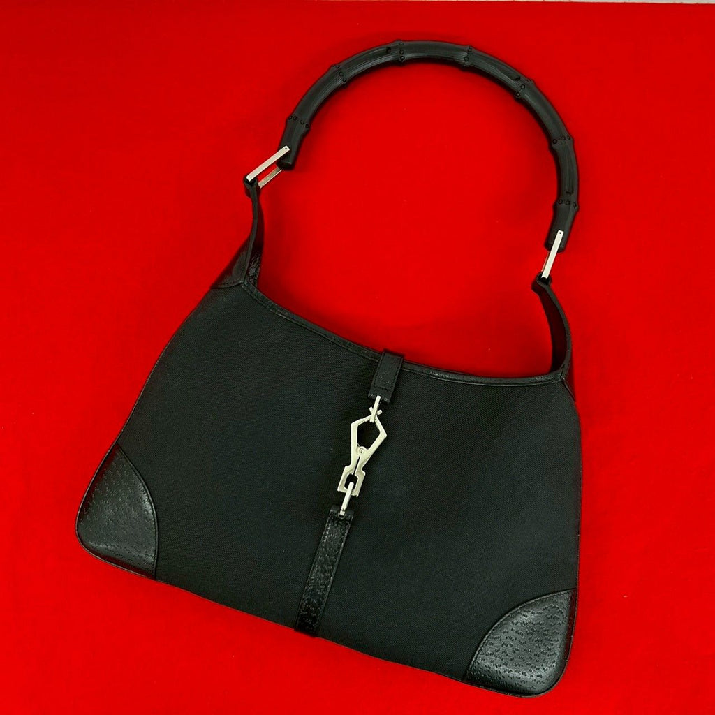 Gucci Bamboo Jackie Canvas Leather Shoulder Bag Black