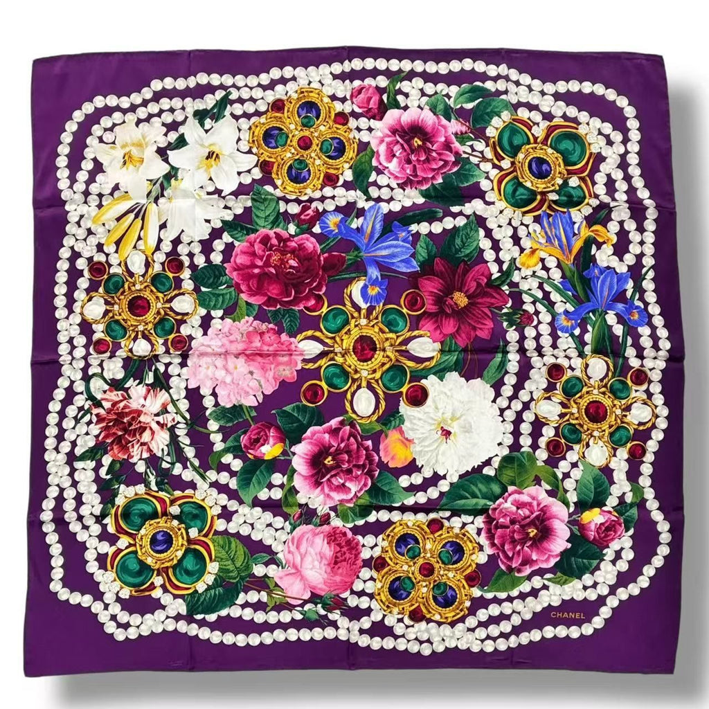 Chanel Scarf Silk Flower-&pearl Logo Purple