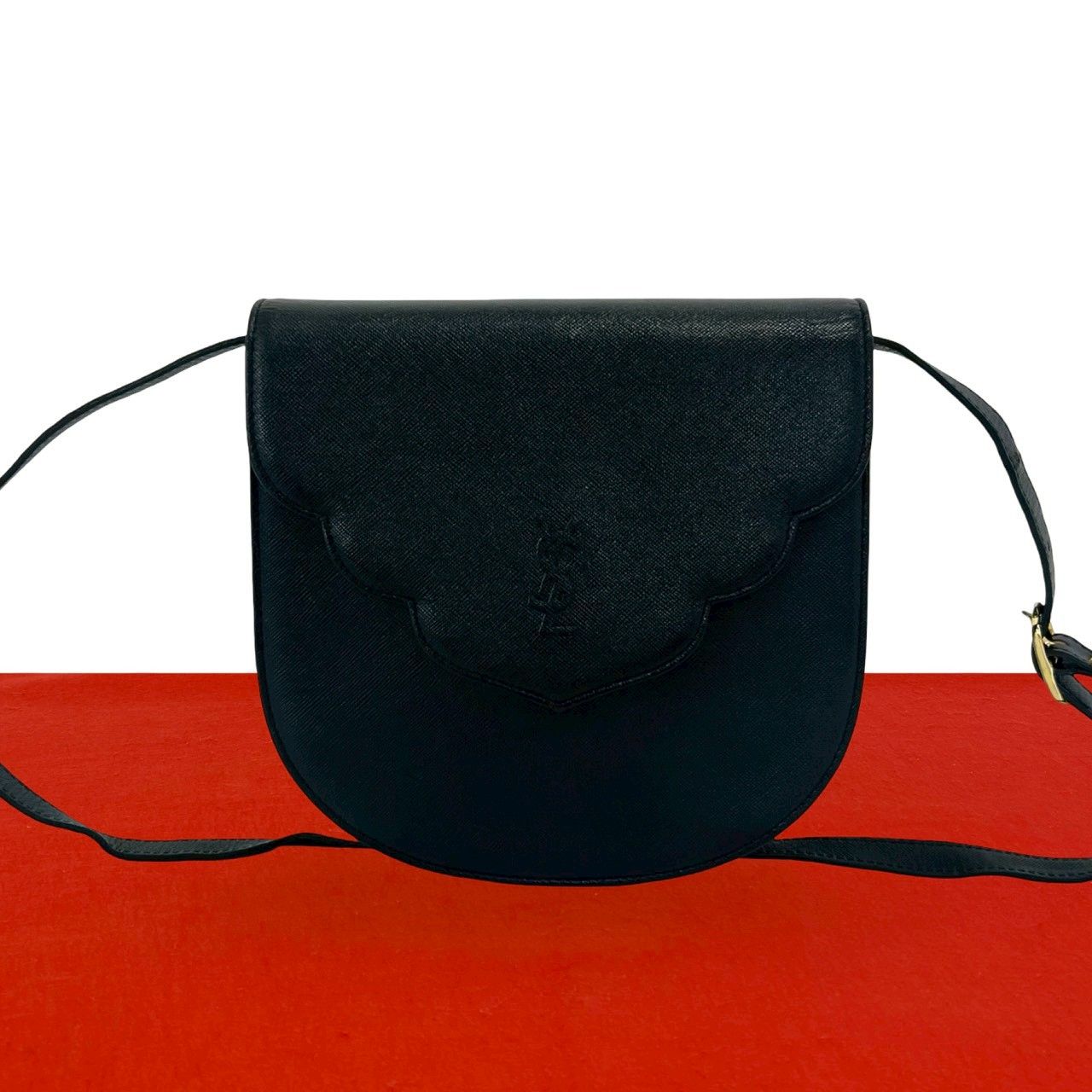 Saint Laurent Vintage YSL Logo Scallop Leather Mini Shoulder Bag Black
