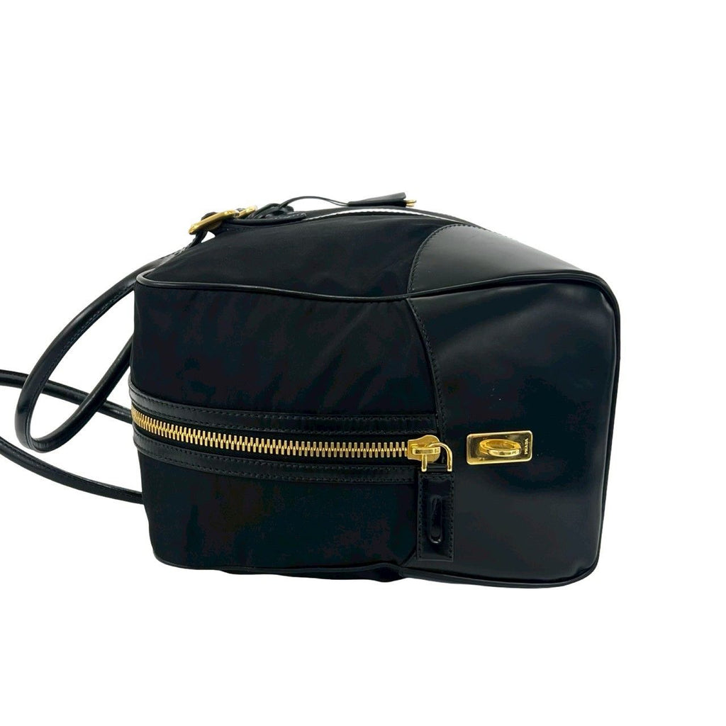 Prada Triangle Logo Plate Nylon Leather Mini Boston Bag Black — view 5