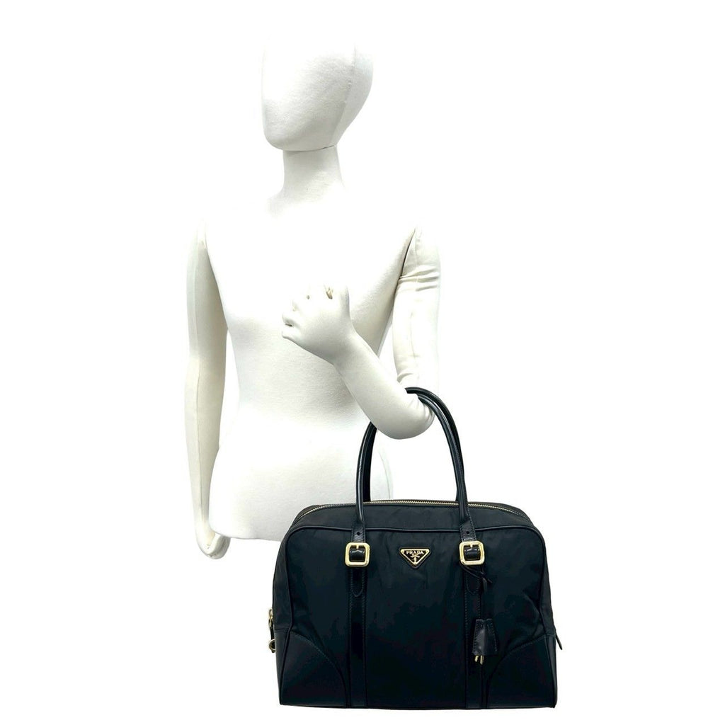 Prada Triangle Logo Plate Nylon Leather Mini Boston Bag Black — view 2
