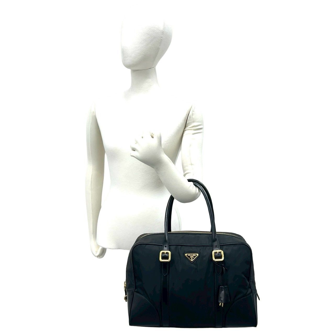 Prada Triangle Logo Plate Nylon Leather Mini Boston Bag Black — view 2