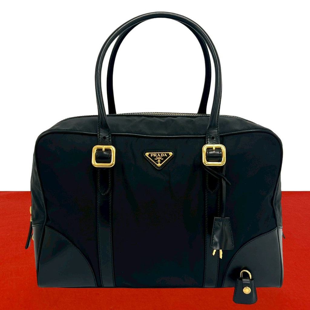 Prada Triangle Logo Plate Nylon Leather Mini Boston Bag Black