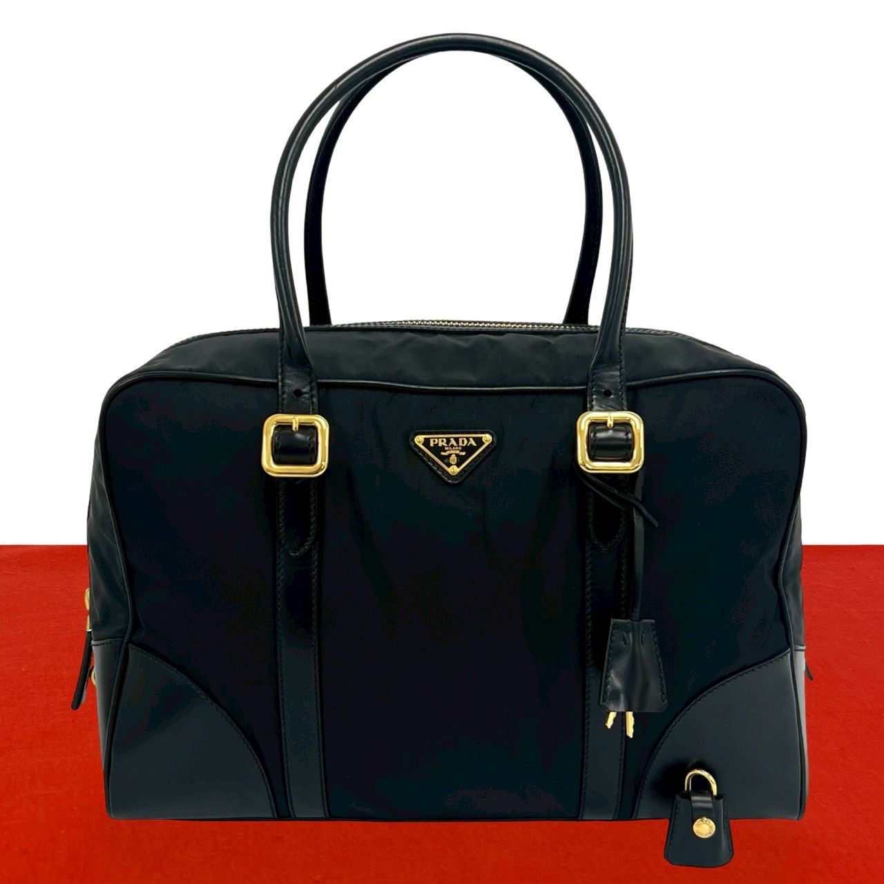 Prada Triangle Logo Plate Nylon Leather Mini Boston Bag Black