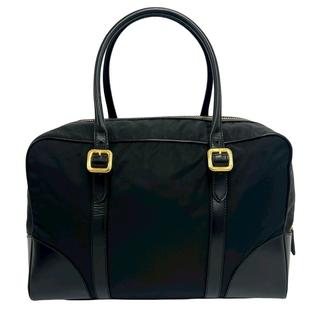 Prada Triangle Logo Plate Nylon Leather Mini Boston Bag Black — view 3