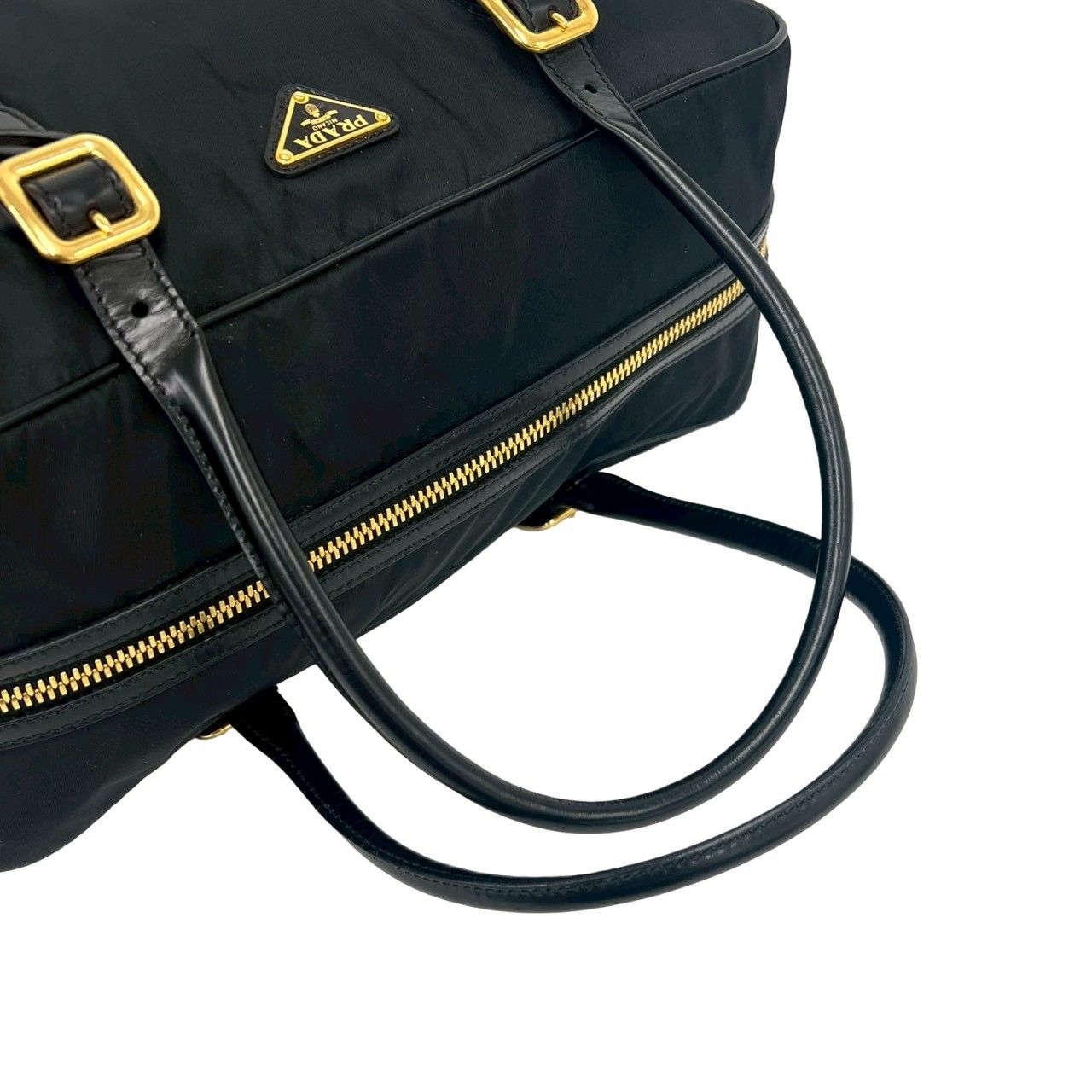 Prada Triangle Logo Plate Nylon Leather Mini Boston Bag Black — view 4