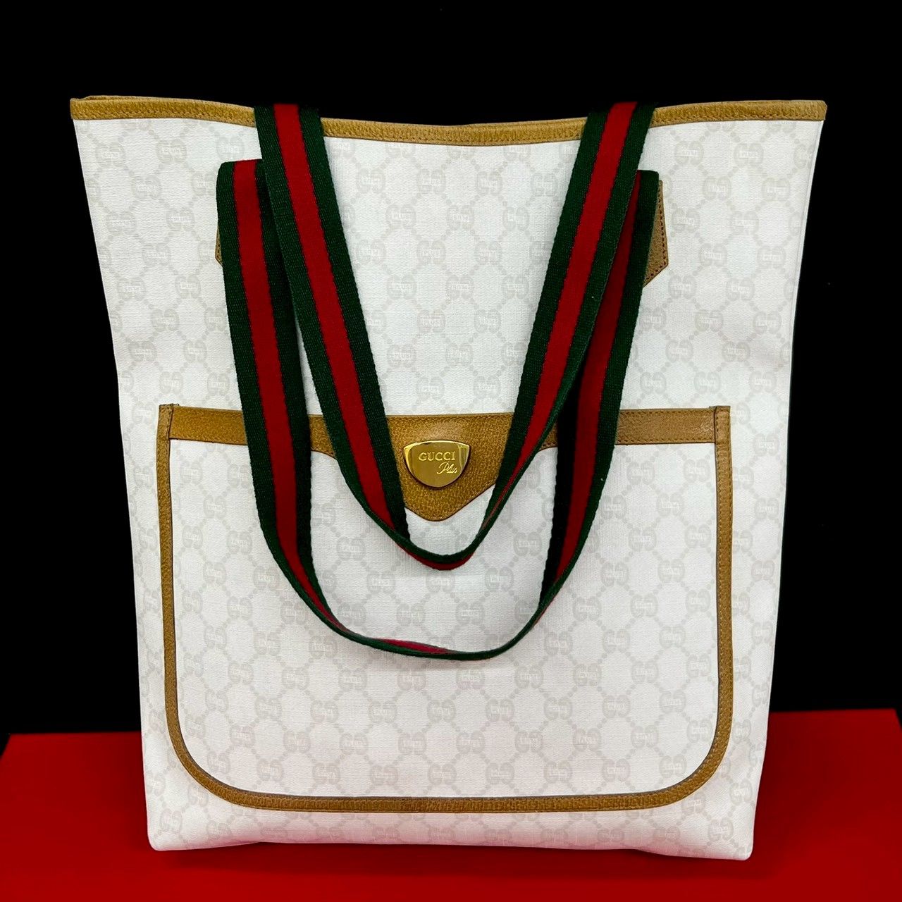 Gucci Vintage Sherry Line Plus Logo Leather Tote White Brown