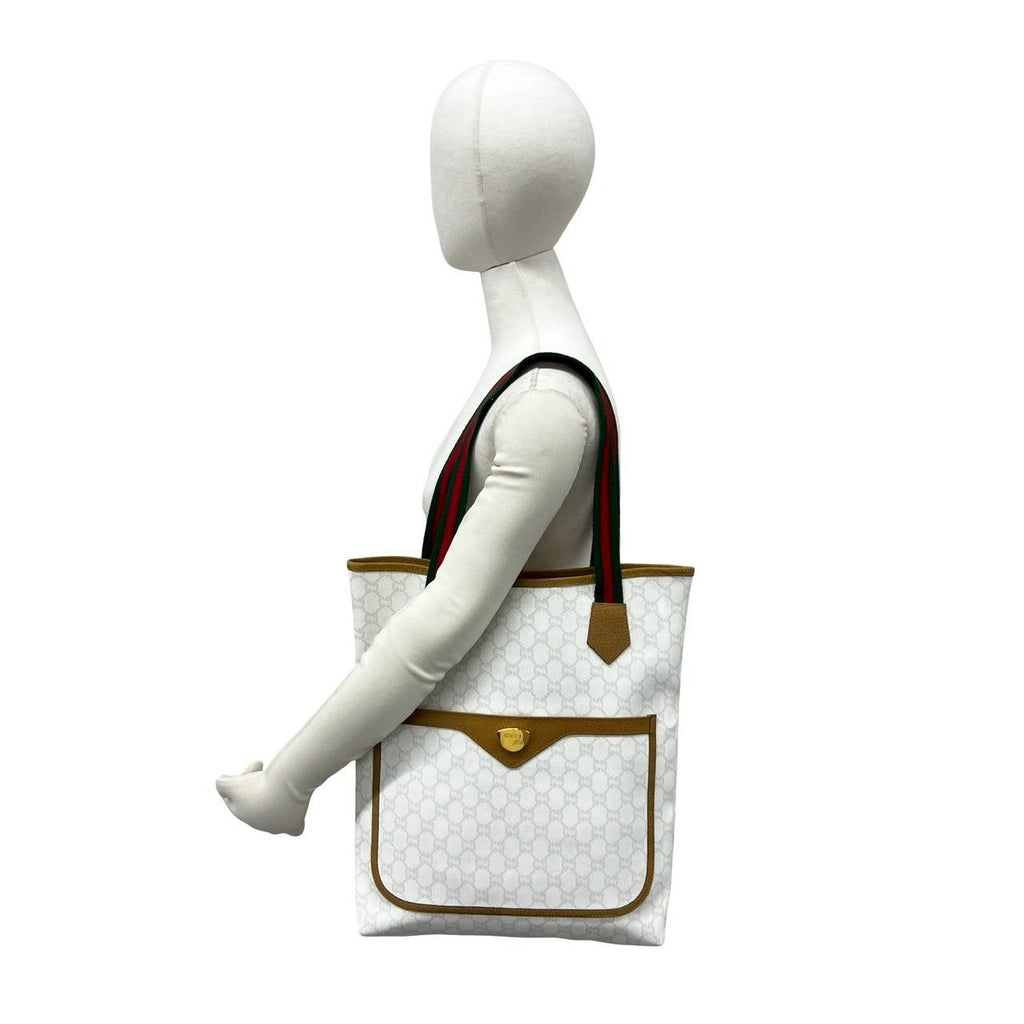 Gucci Vintage Sherry Line Plus Logo Leather Tote White Brown — view 2