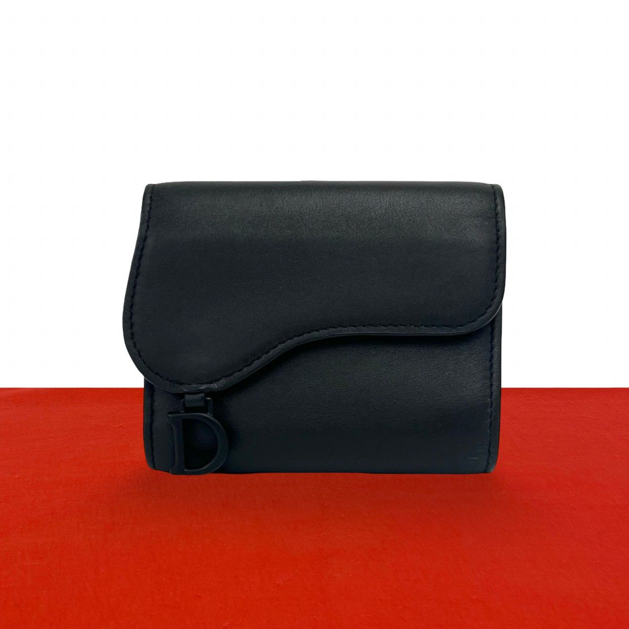 Dior Saddle Leather Trifold Wallet Mini Card Case Coin Purse Black