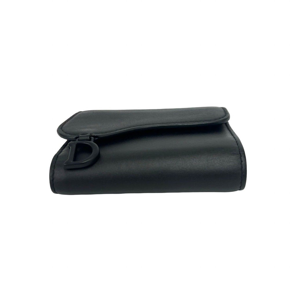 Dior Saddle Leather Trifold Wallet Mini Card Case Coin Purse Black — view 6