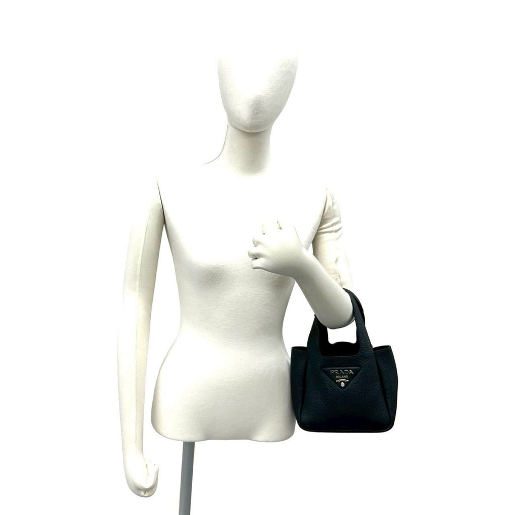 Prada Vitello Daino Triangle Logo Leather Handbag Mini Tote Black — view 2