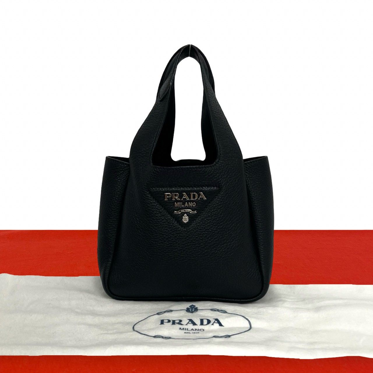 Prada Vitello Daino Triangle Logo Leather Handbag Mini Tote Black
