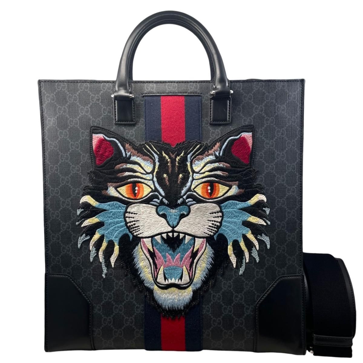 Gucci Tote Shoulder Bag Angry Cat GG Supreme Embroidery Gray Black