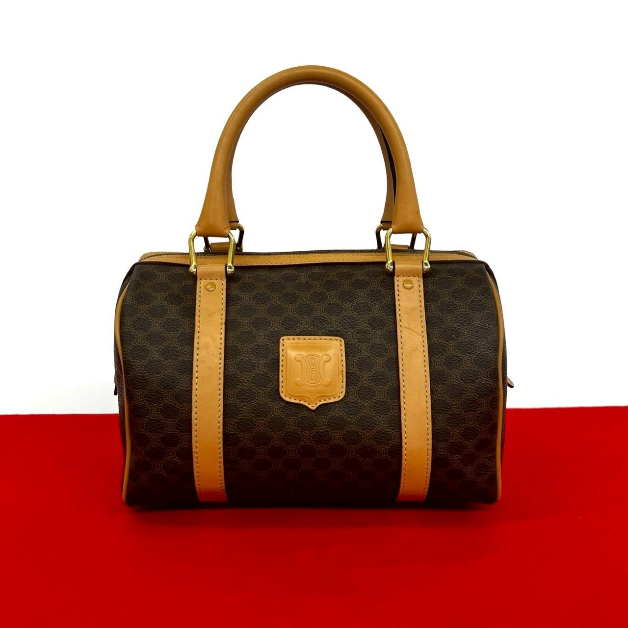 Celine Vintage Macadam Blason Triomphe Logo Leather Mini Boston Bag Brown