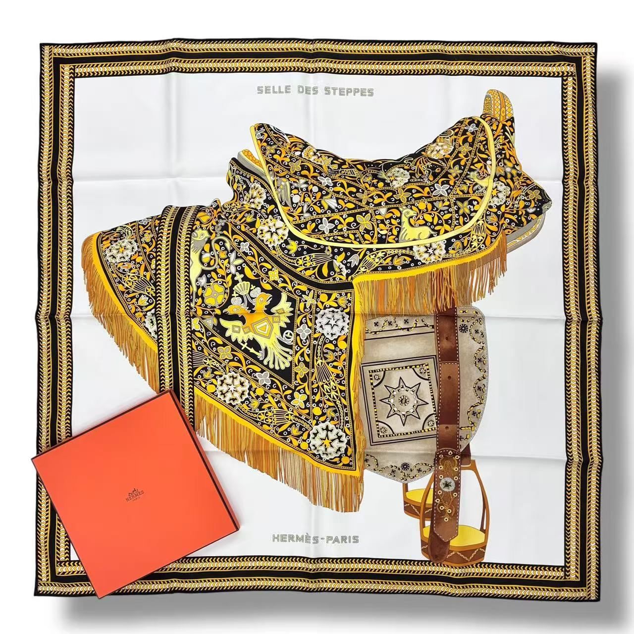 Hermes Scarf Silk Carre 90 Selle Des Steppes Yellow