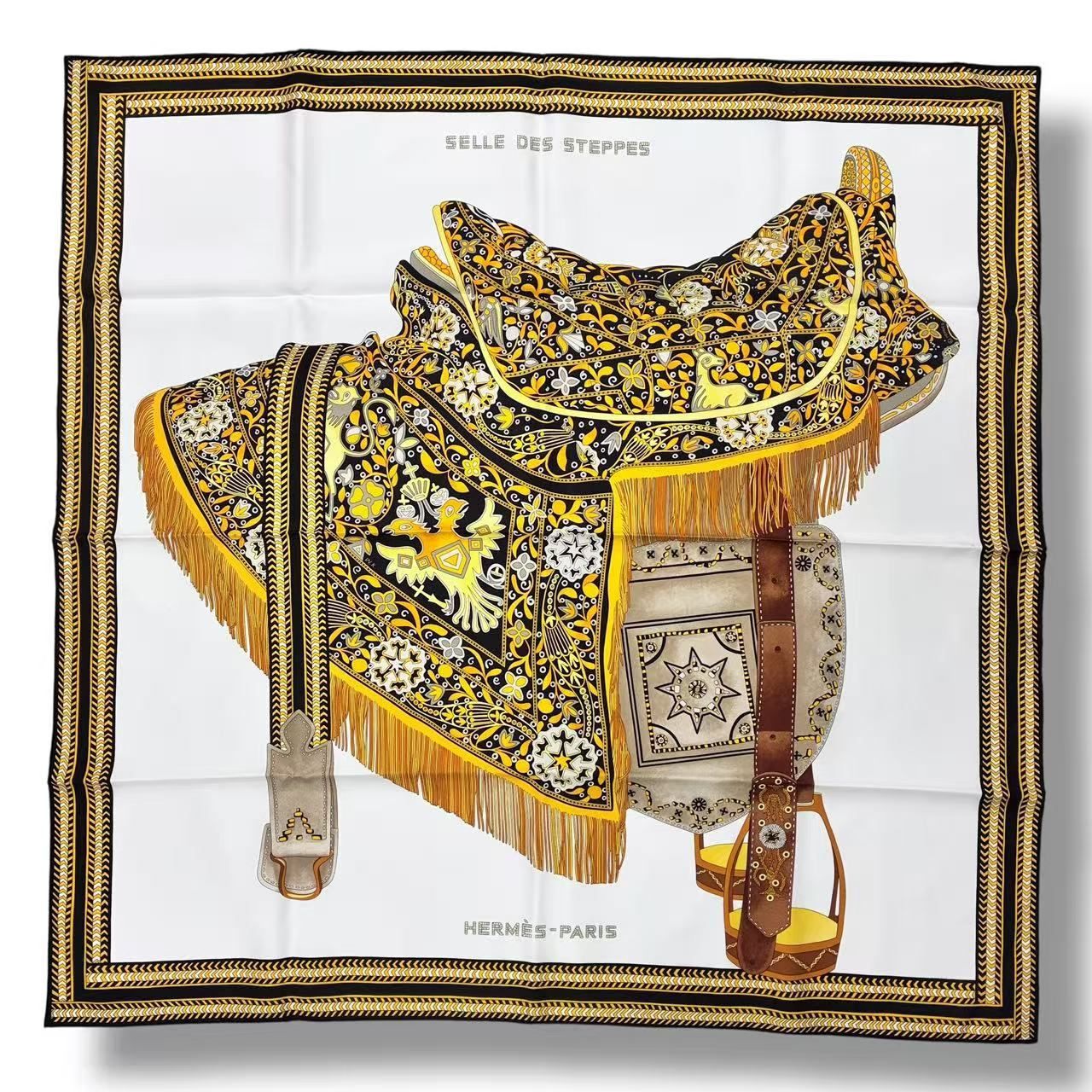 Hermes Scarf Silk Carre 90 Selle Des Steppes Yellow — view 2
